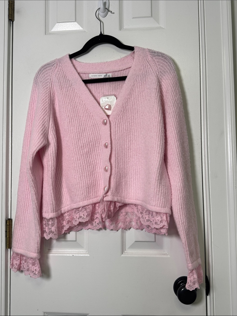 Altar’d State Pink Coquette Cardigan Lace Trim Heart Button Balletcore Sweater S - Picture 5 of 6